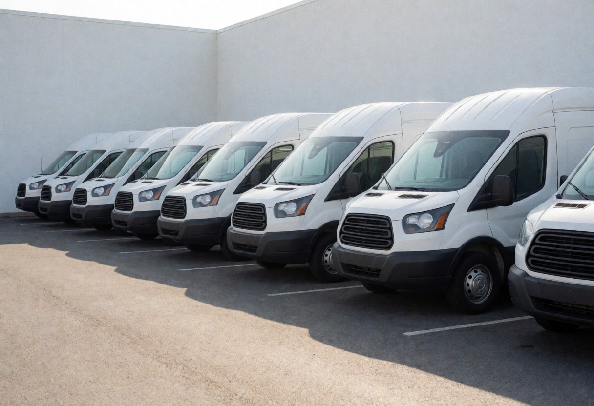 White pickup trucks parked in a neat row on an asphalt lot with white walls and morning light, suitable for logistics and transport businesses