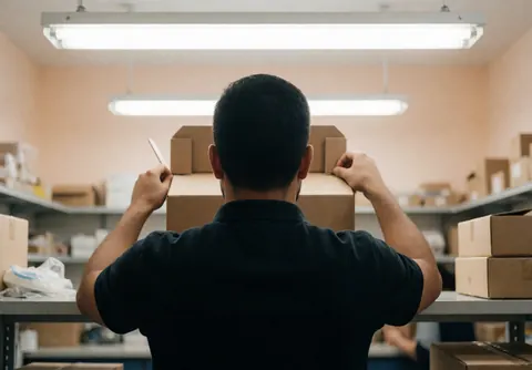 Logistics worker applying packing tape to a cardboard box in a warehouse with fluorescent lighting and supply shelves