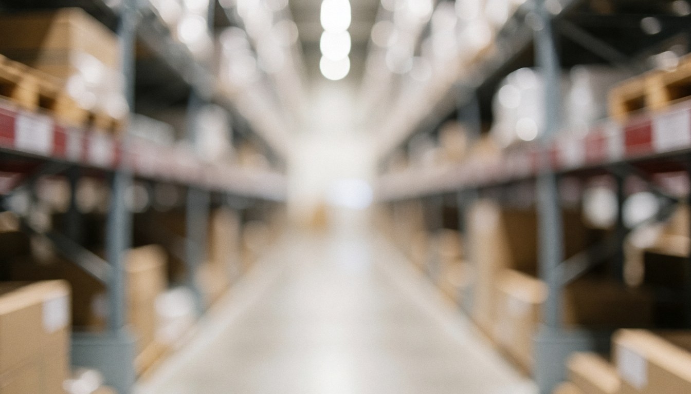 Blurred warehouse background featuring industrial metal shelving units and wooden pallets, providing a neutral backdrop suitable for commercial text overlays.