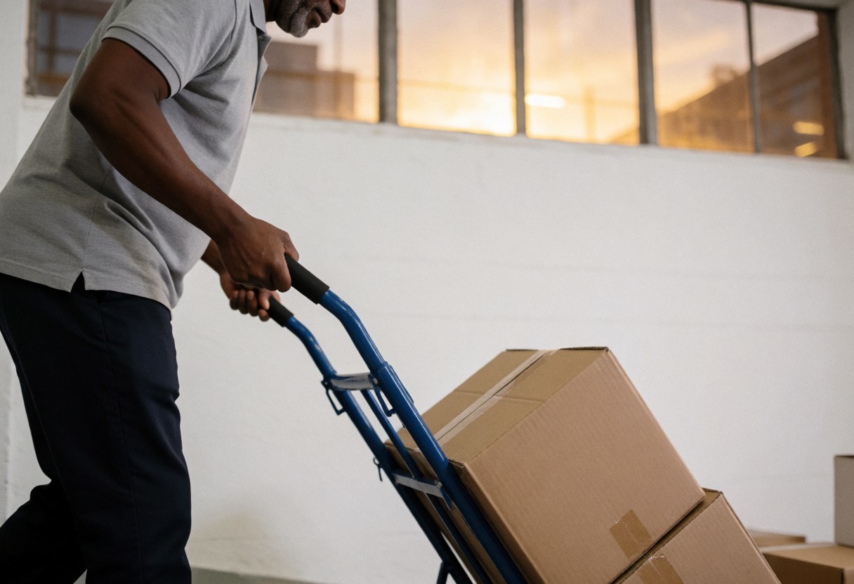 A worker pushes a cart loaded with boxes through a warehouse with white walls and warm light from windows.