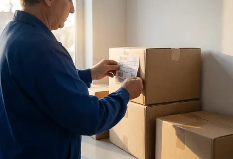 A logistics worker attaches a shipping label to a cardboard box in a realistic freight transport scene with natural light and a white wall background.