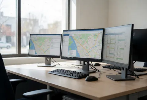 Modern desk with three monitors displaying route maps and freight tracking software near a window with natural light