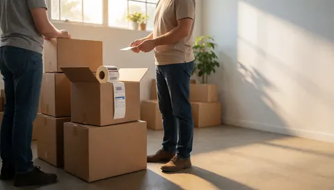 Two workers labeling cardboard boxes at a shipping station with natural light and plants