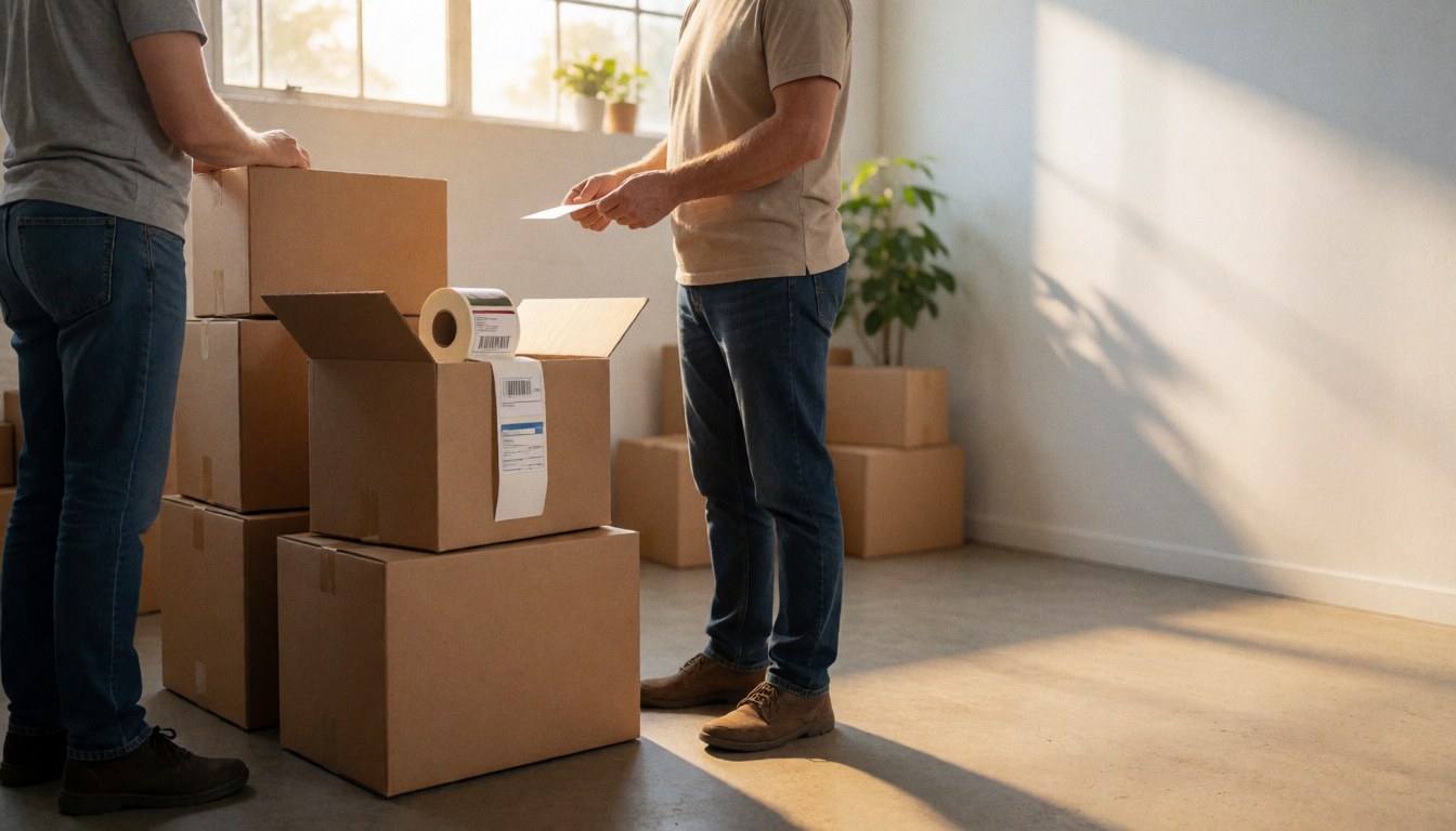 Two workers labeling cardboard boxes at a shipping station with natural light and plants