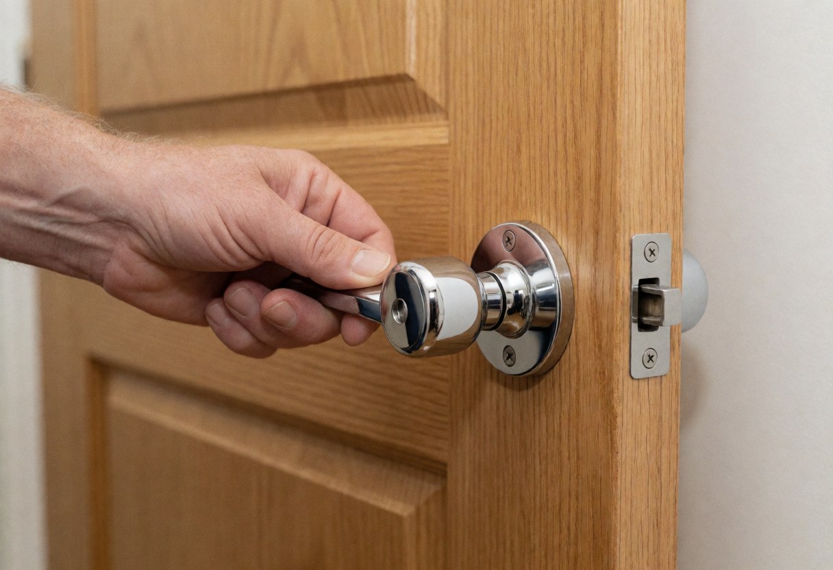 Close-up of a hand turning a chrome door handle on a wooden door, showing the latch mechanism and wood texture in a warm, blurred interior setting.