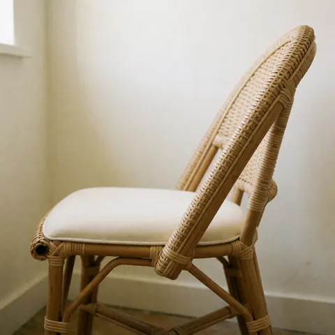 Side view of a rattan chair with fresh white upholstery in a bright workshop setting for upholstery businesses
