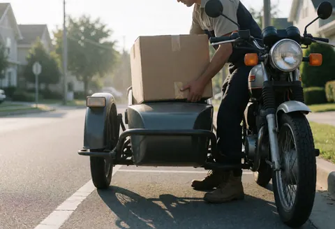 A driver loads a cardboard box into the sidecar of a motorcycle taxi on a residential street in the morning light.