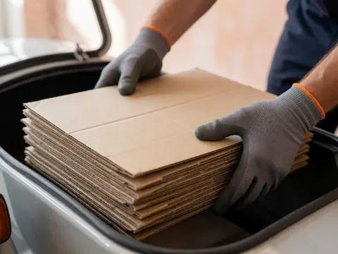 Close-up of gloved hands placing cardboard boxes into the storage compartment of a motorbike taxi for transport.