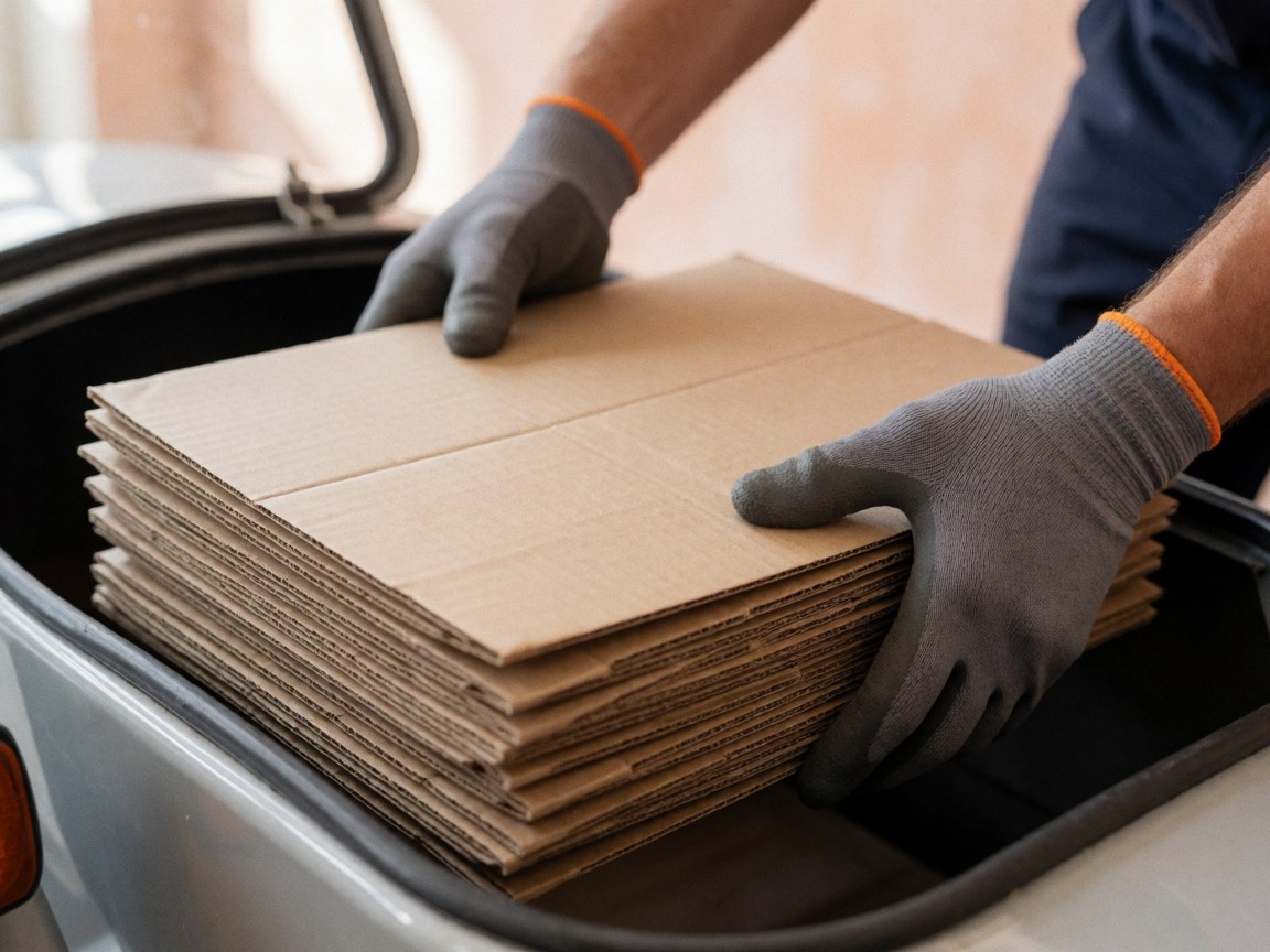 Close-up of gloved hands placing cardboard boxes into the storage compartment of a motorbike taxi for transport.