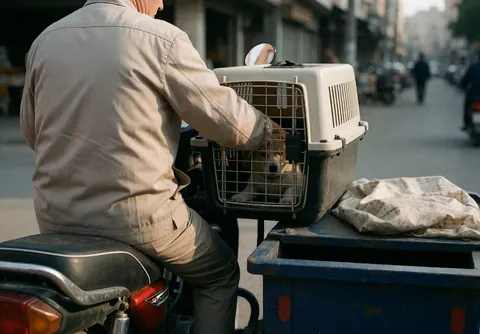 Motorcycle taxi driver with a dog in a transport box on an urban street in the morning light