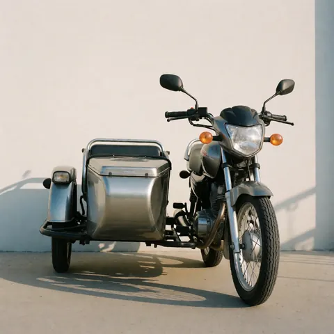 Closed and clean motorcycle taxi with sidecar parked against a white wall in morning light with long shadows and no people