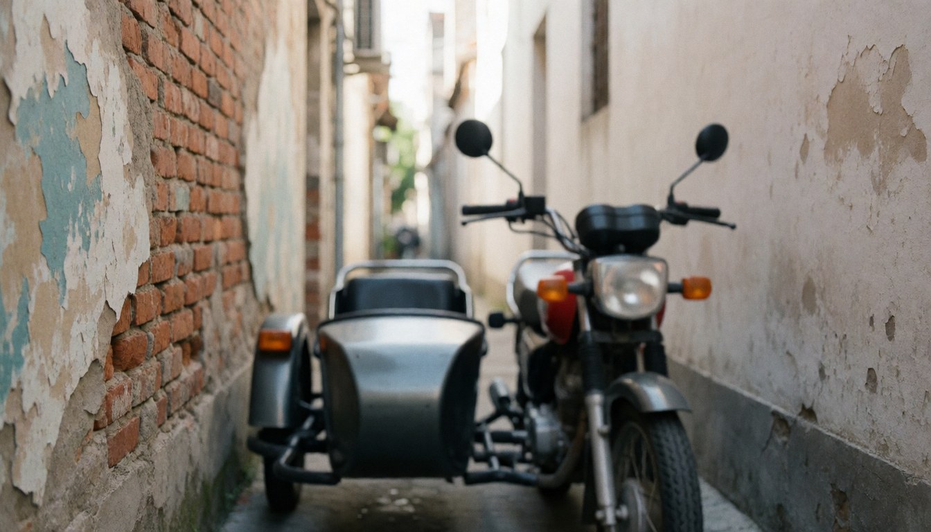 Motorcycle taxi with sidecar parked on a narrow street between brick walls with peeling paint, suitable as a text background