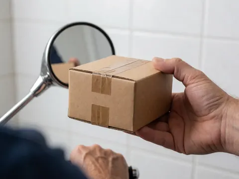 Close-up of a hand holding a cardboard box with tape, positioned in front of a motorcycle mirror and white tiled wall.