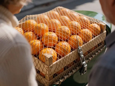 Wooden crate holding oranges in mesh bags secured with a chain on a sidecar, hands working under sunlight with a blurred background