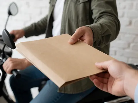 Close-up of a hand handing a brown paper folder to a client while on a motorcycle taxi, with a white brick wall in the background.