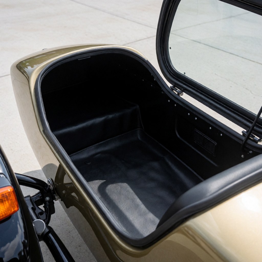 Empty black seat motorcycle taxi sidecar box with open door on concrete ready for transport