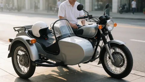 Moto taxis with sidecar and white helmets parked on an urban sidewalk in morning light