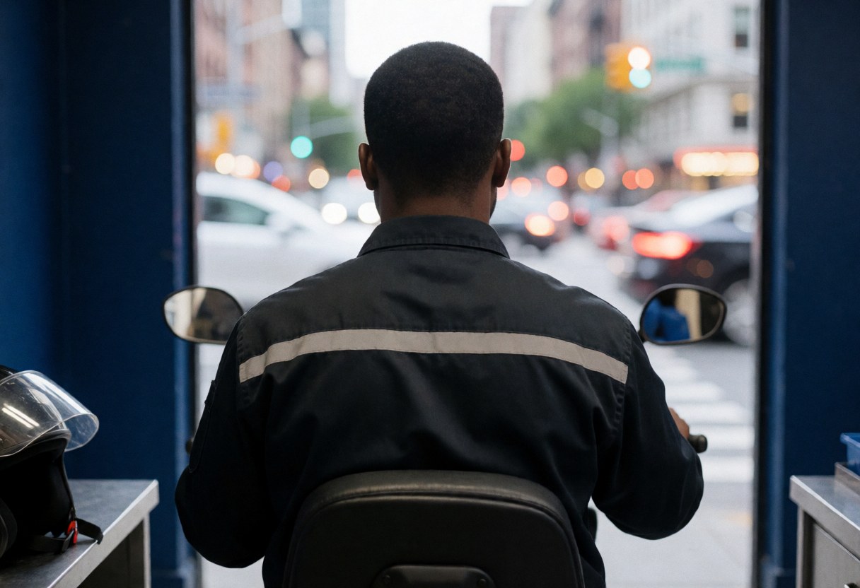 Motorcycle taxi driver in reflective uniform waiting at an urban intersection with blurred city lights and cars in the background