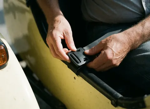 Close-up of hands fastening a seatbelt in a yellow sidecar, showing fabric and plastic textures under natural light