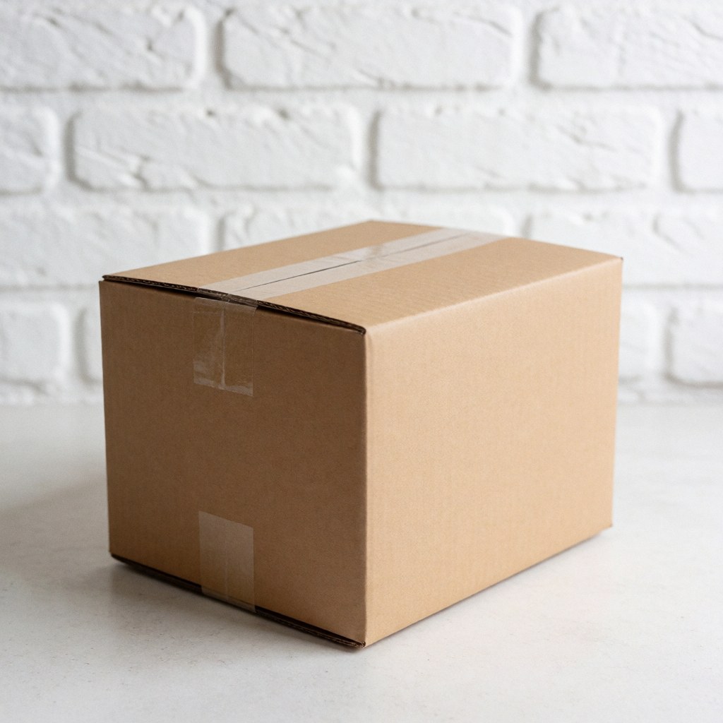 A sealed brown cardboard box resting on a clean white surface with a painted brick wall in the background