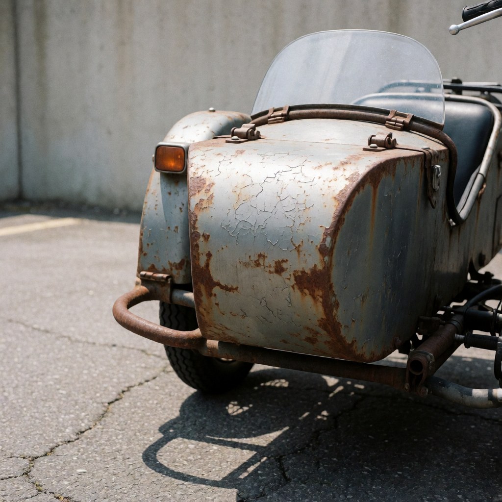 Close-up of a weathered motorcycle taxi side box showing rust, cracked paint, hinges, and locks on cracked asphalt under bright sunlight