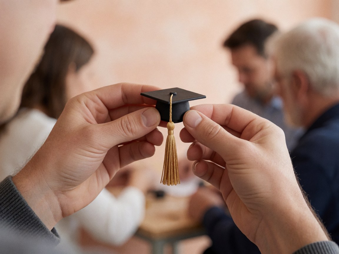 Close-up view of a graduation cap tassel being held by hands with a blurred background of people.