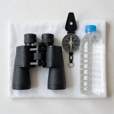 Black binoculars, compass, and water bottle arranged on white fabric for ecological park exploration