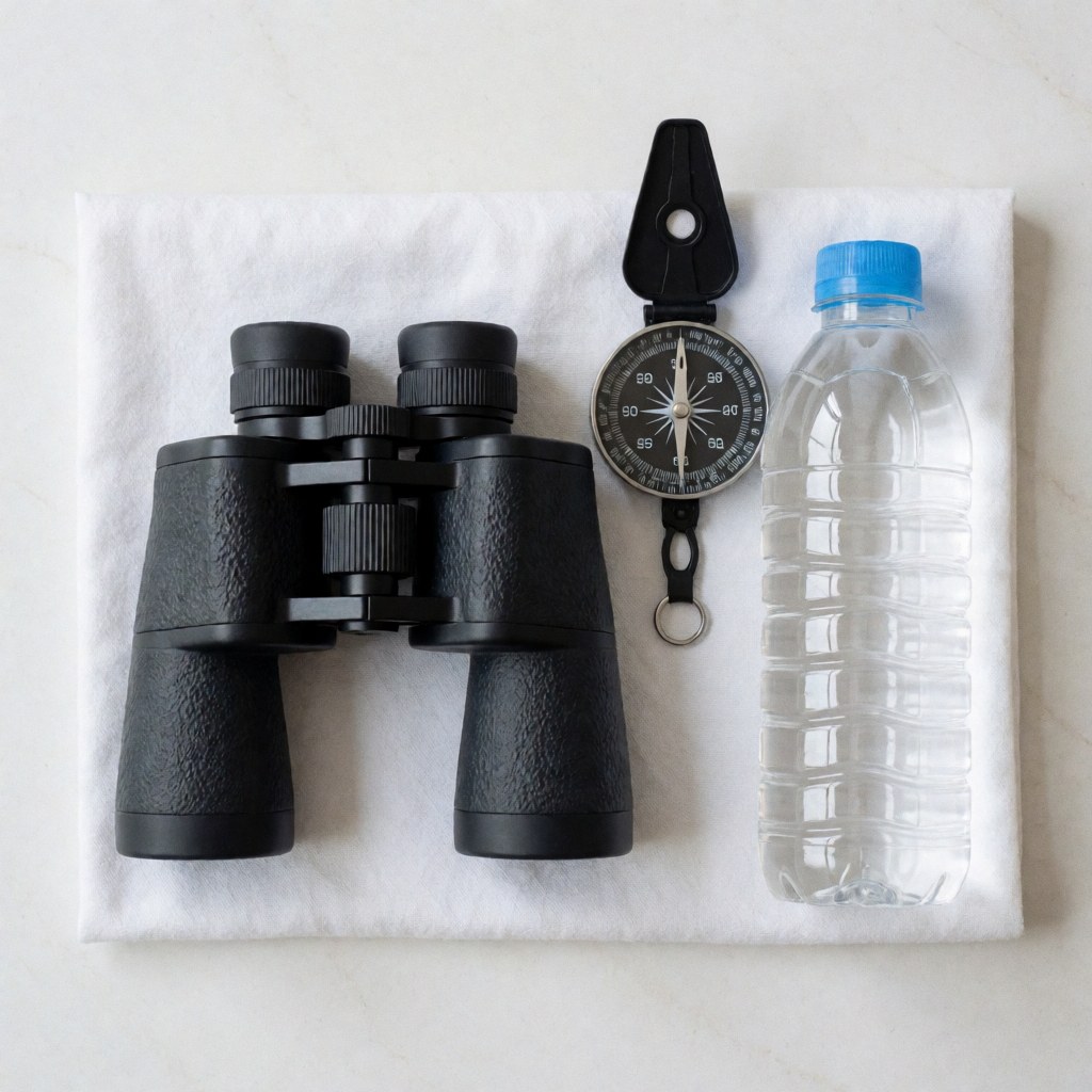 Black binoculars, compass, and water bottle arranged on white fabric for ecological park exploration