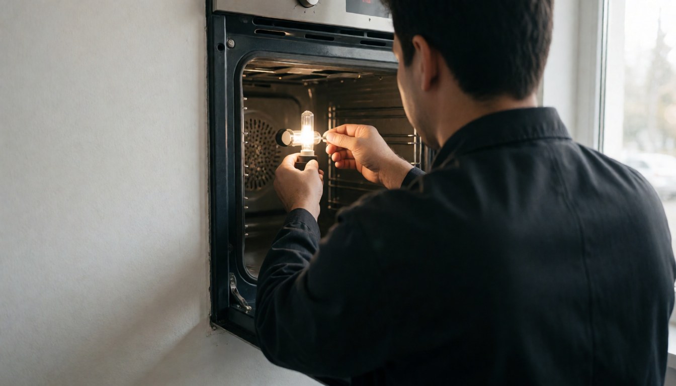 Technician installing a bright LED bulb inside an open oven with natural light from a window and white walls.