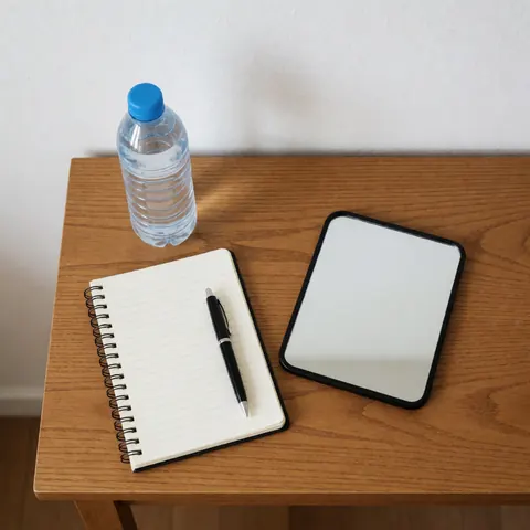 Vocal warm-up kit featuring a mirror, notebook, and water bottle arranged on a wooden table, ideal for theater workshops and preparation.
