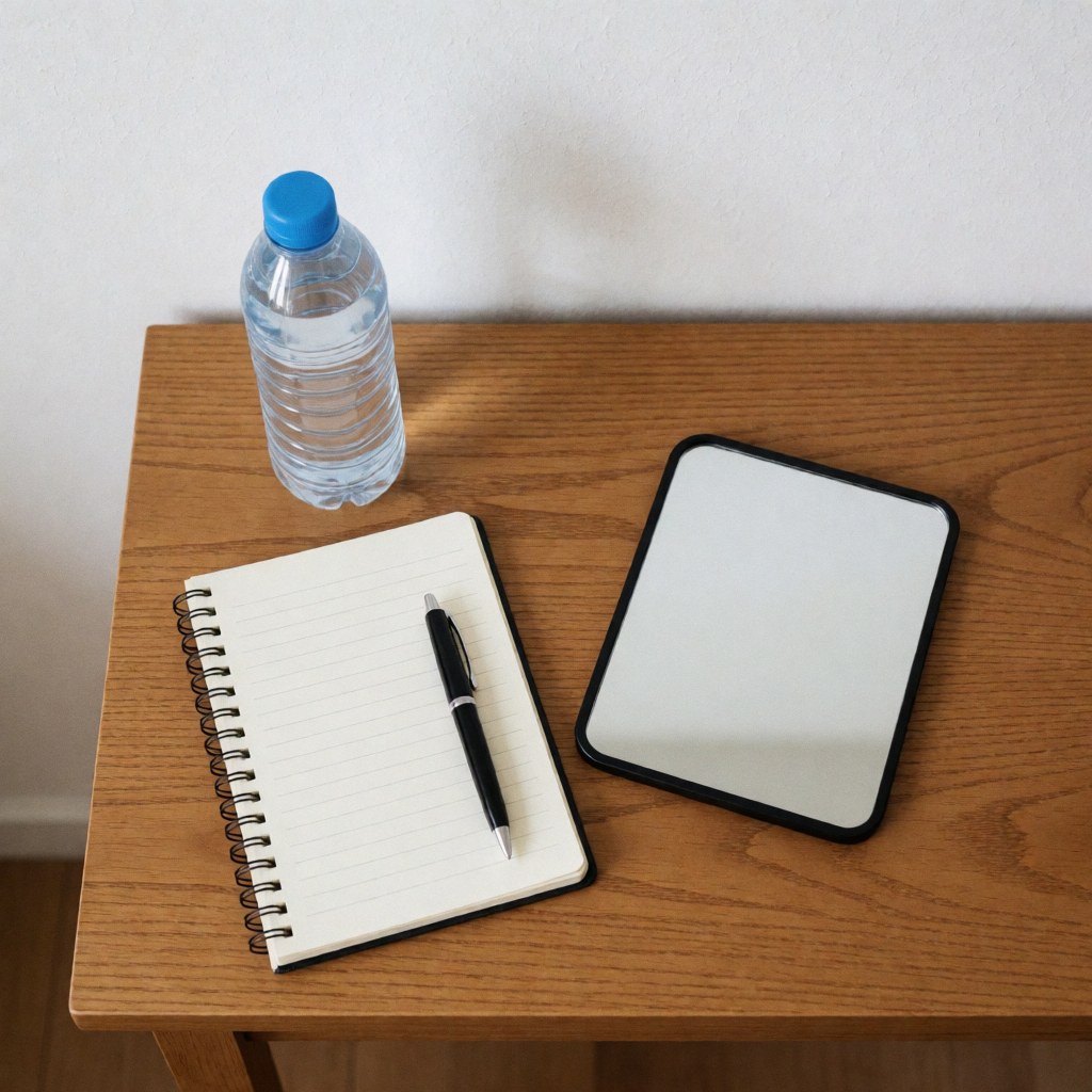 Vocal warm-up kit featuring a mirror, notebook, and water bottle arranged on a wooden table, ideal for theater workshops and preparation.
