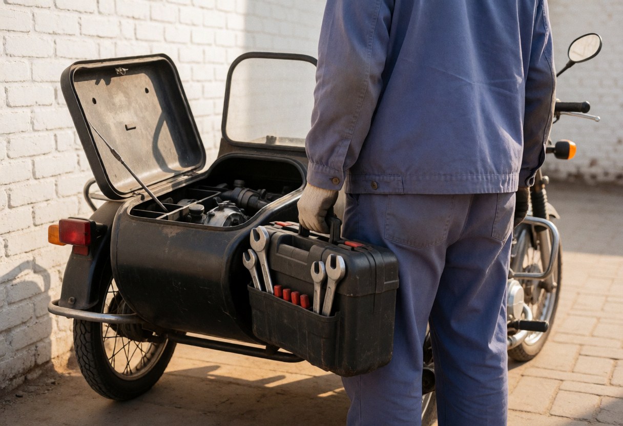 Mechanic holding tools next to a motorcycle with an open sidecar against a white brick wall in sunlight