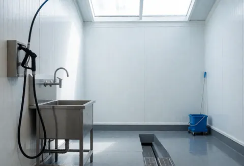 Bicycle washing station featuring a faucet, high-pressure hose, and floor drain in a clean industrial space with white walls and natural light.