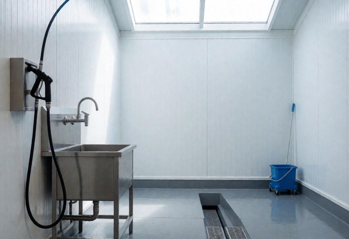Bicycle washing station featuring a faucet, high-pressure hose, and floor drain in a clean industrial space with white walls and natural light.