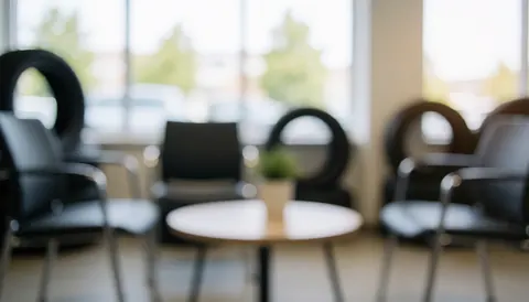 Waiting area with black chairs, round table, and visible tires in a blurred background, soft professional lighting for text overlay