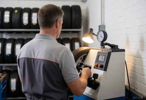 A mechanic operates a tire balancing machine in a workshop with warm lighting and tires stored on shelves in the background.