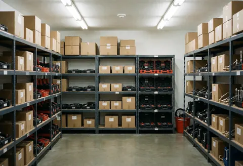 Metal shelving units holding cardboard boxes and organized tools in a clean tire repair shop with polished concrete floors and fluorescent lighting