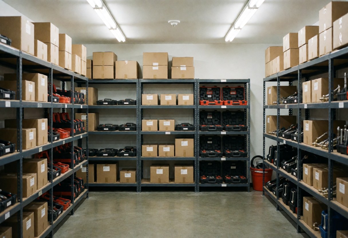 Metal shelving units holding cardboard boxes and organized tools in a clean tire repair shop with polished concrete floors and fluorescent lighting