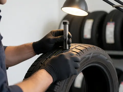 Close-up of a gloved hand using a tread depth gauge to measure the rubber tread of a tire in a workshop setting.