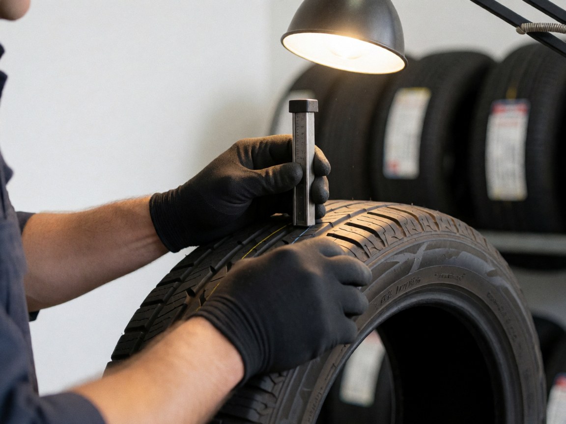 Close-up of a gloved hand using a tread depth gauge to measure the rubber tread of a tire in a workshop setting.