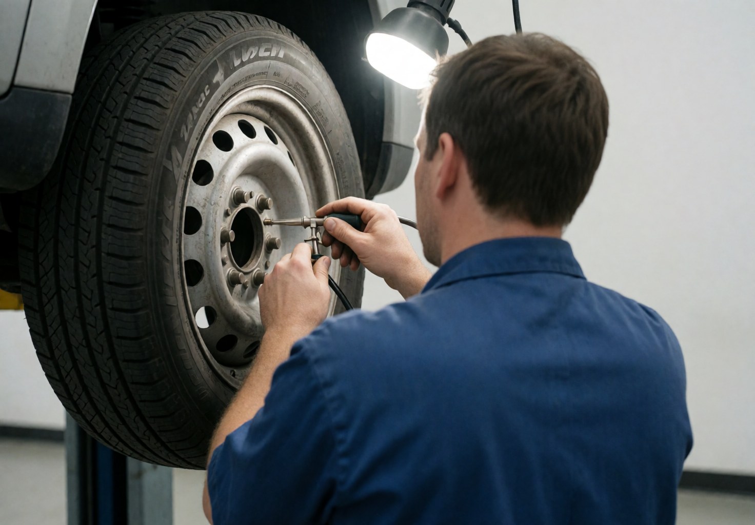 Mechanic applying sealant to tire from behind with bright lights and white background