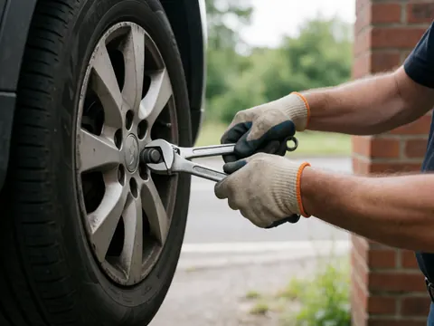 Close-up of a gloved hand tightening a lug nut on a car tire with a wrench against a brick wall background.