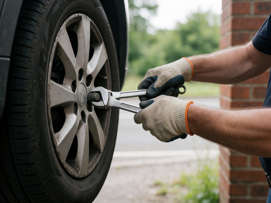 Close-up of a gloved hand tightening a lug nut on a car tire with a wrench against a brick wall background.