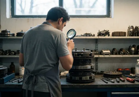 Mechanic in apron inspecting brake parts with magnifying glass in workshop with shelves and natural light