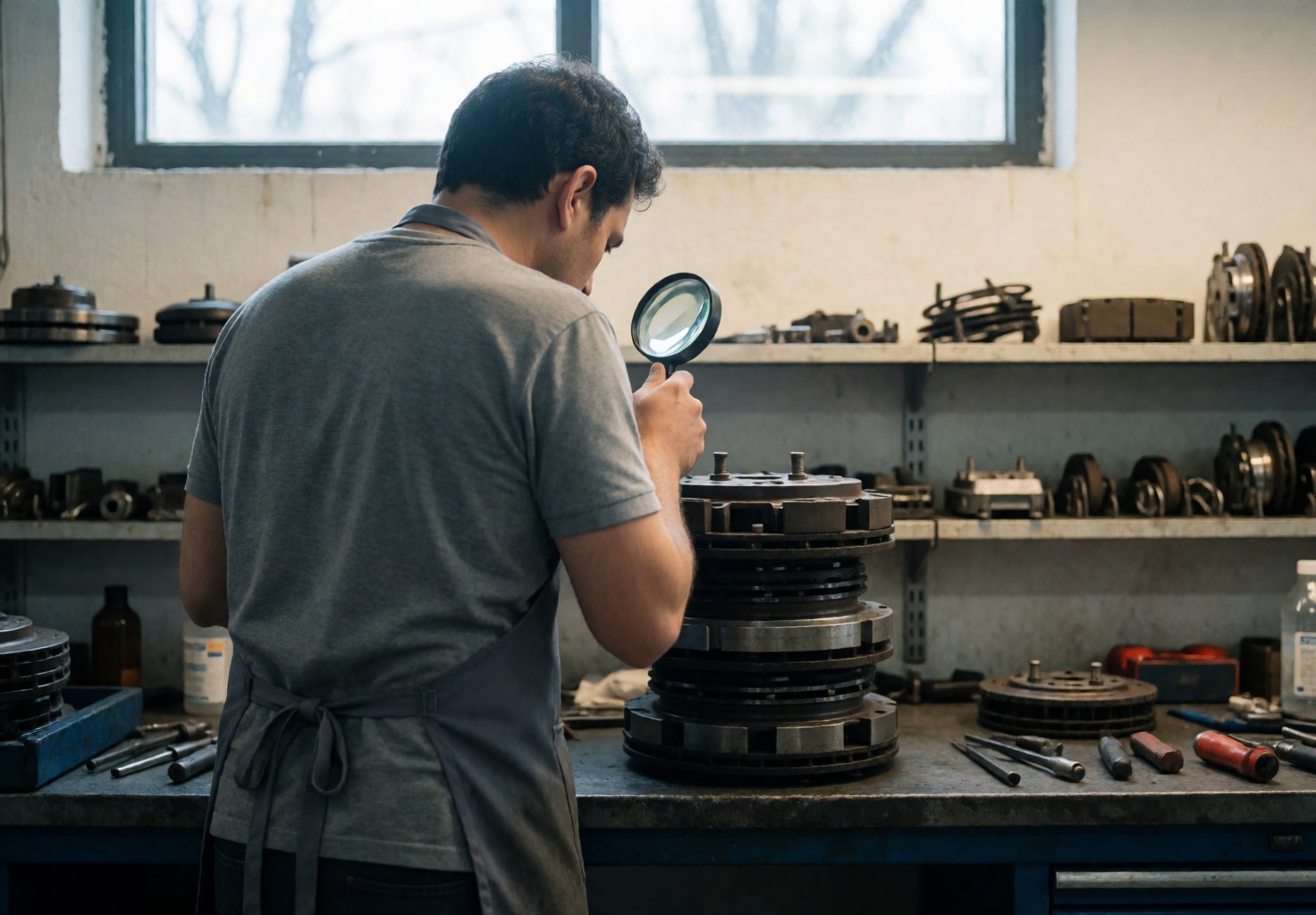 Mechanic in apron inspecting brake parts with magnifying glass in workshop with shelves and natural light