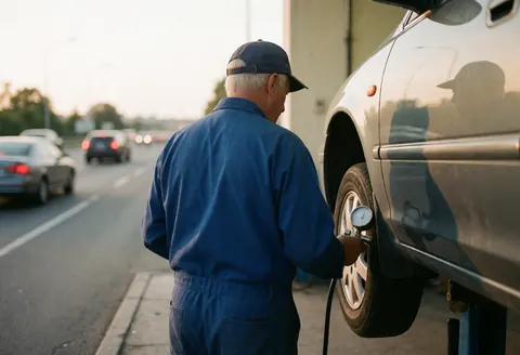 Mechanic using a gauge to check tire pressure on a vehicle elevated at a service station during sunset