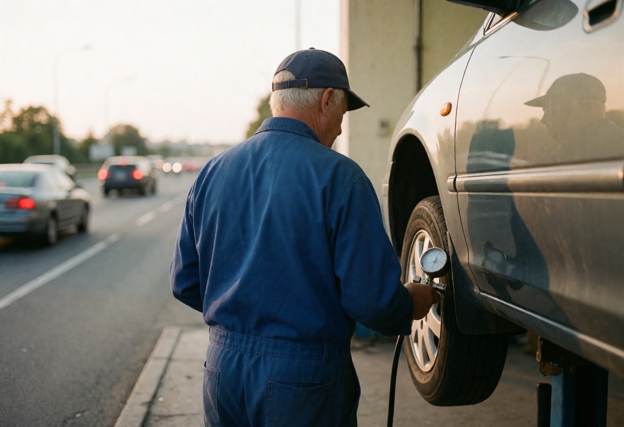 Mechanic using a gauge to check tire pressure on a vehicle elevated at a service station during sunset