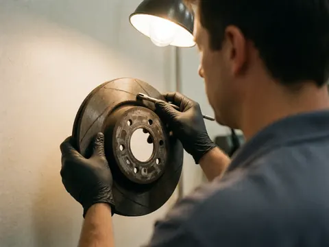 Close-up of a technician checking a brake rotor under bright light in a workshop setting.