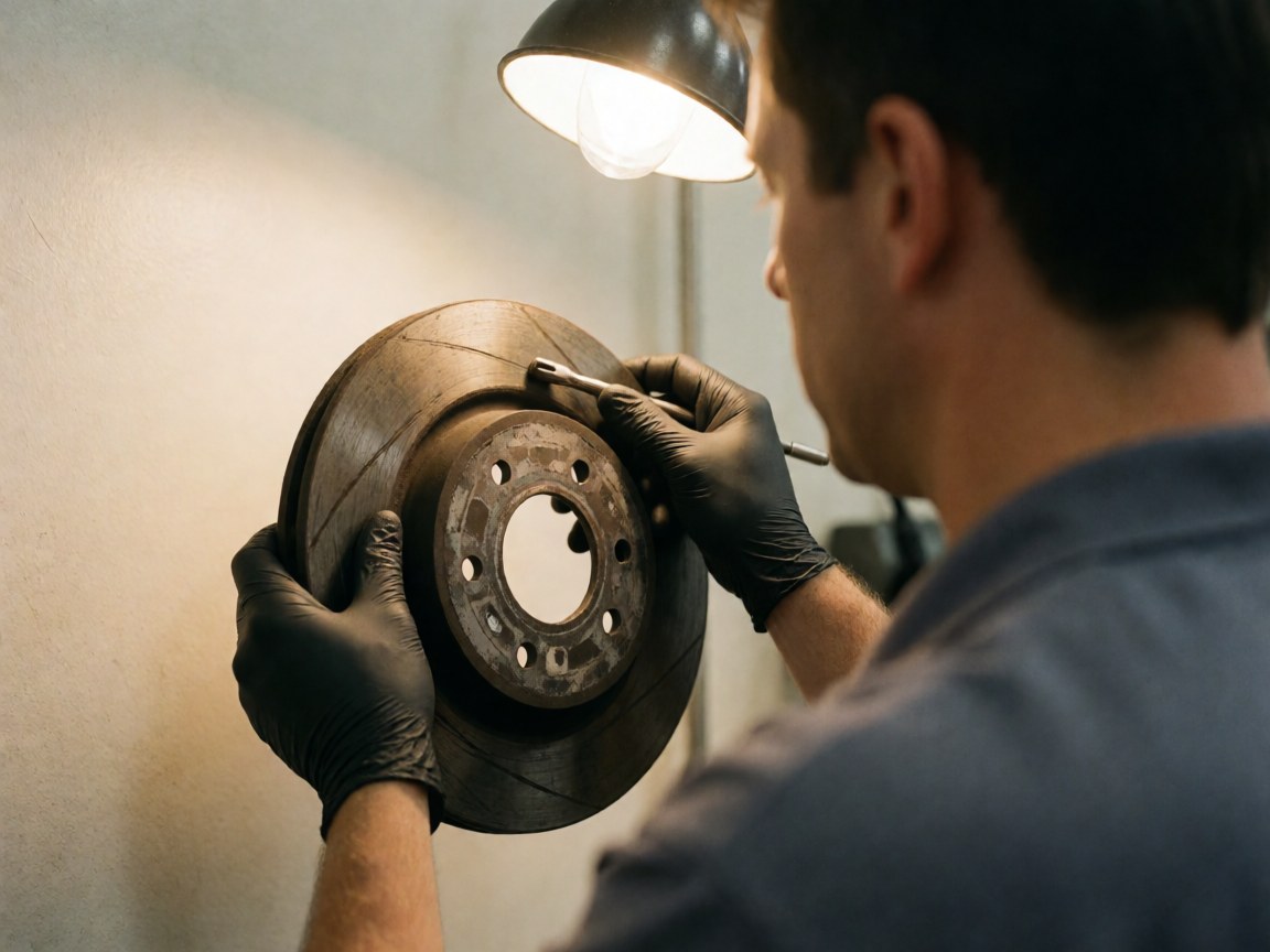 Close-up of a technician checking a brake rotor under bright light in a workshop setting.