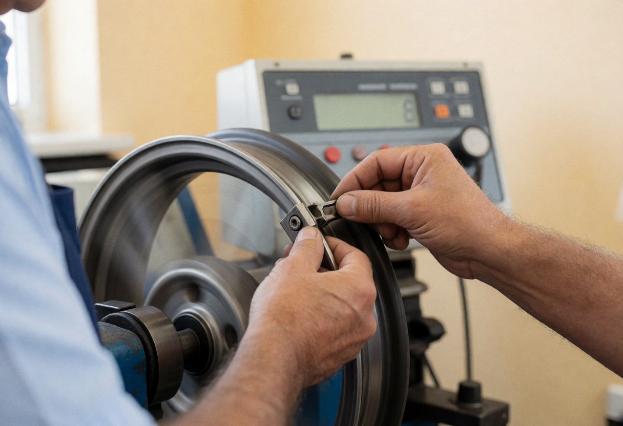 Close-up of a hand adjusting a clip on a rotating tire during the wheel balancing process in a workshop setting.